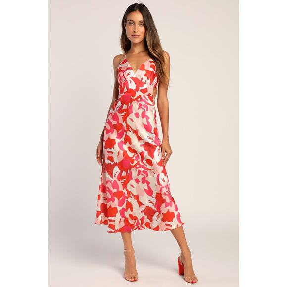 Lulu’s Front Page Hues Coral Multi Floral Print Satin Midi Dress Size Medium - Picture 1 of 6